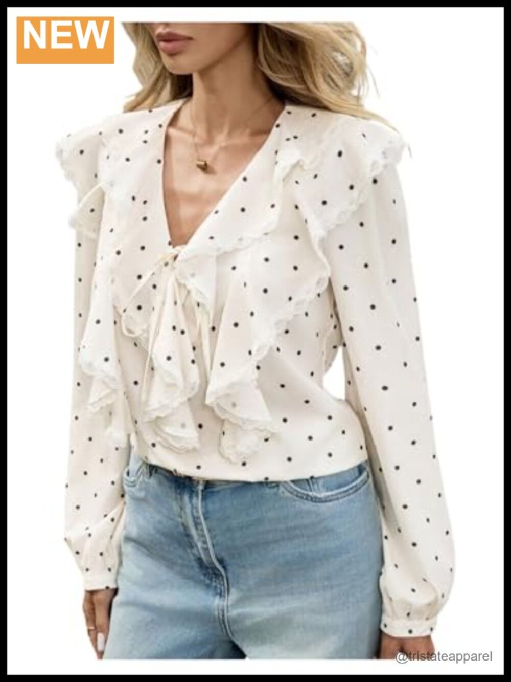 Ruffle Tie Front Blouse Polka Dots V Neck Long Sleeve